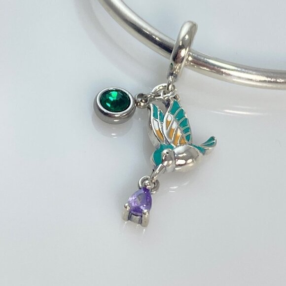 Sterling Silver Enamel Bird with Amethyst CZ Drop & Birthstone Dangle Charm - Picture 1 of 7
